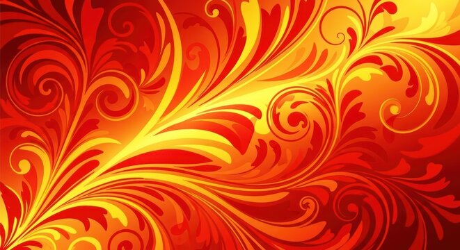 A vibrant red and yellow floral pattern on a fiery red background.
