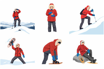 Collection of explorers hiking in snowy winter mountains wearing red parkas and snowshoes © Elara