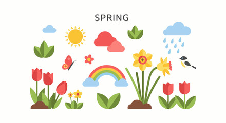 Naklejka premium Colorful spring illustration with flowers, rainbow, sun, and raindrops
