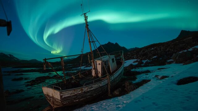 Appearing auroral ribbon sweeping across night sky above beached fishing boat, illuminating ropes