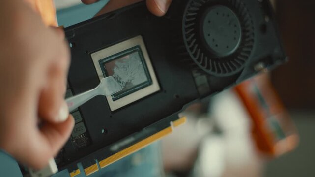 Technician applying thermal paste to graphics card gpu