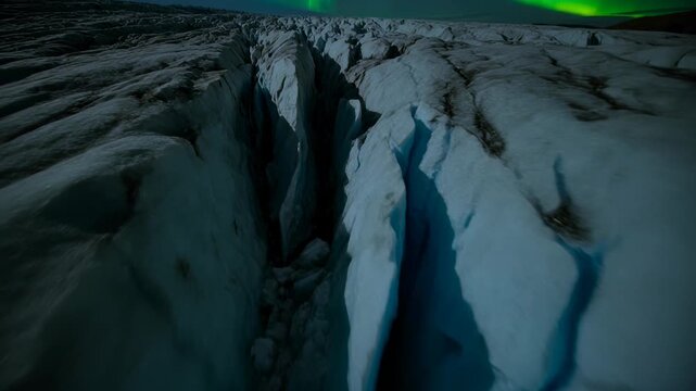 Launching drone sweeping forward over crevasse at night, capturing blue ice walls and aurora