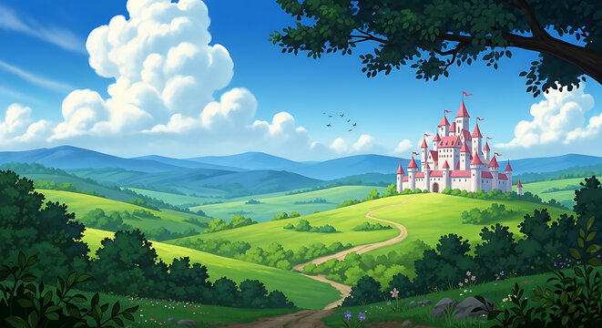 Fairytale castle on a green rolling hill with blue sky and white clouds fairytale landscape architecture daylight medieval