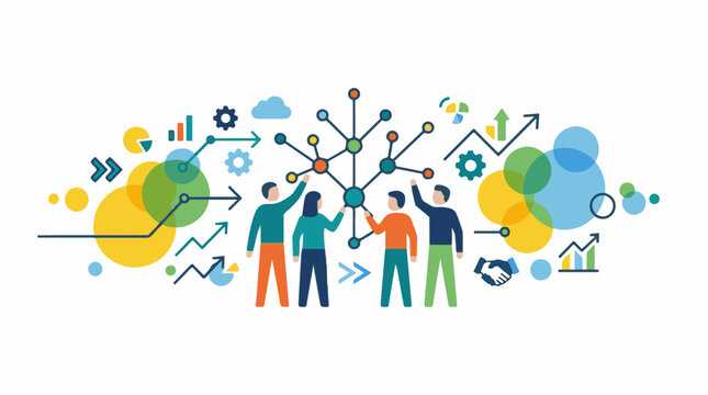 Colorful graphic illustration people pointing network connections around graphs charts