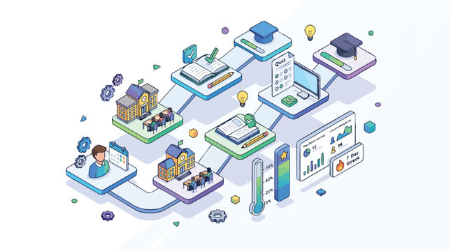 Isometric educational roadmap and learning process infographic illustration.