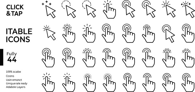 Click and tap icons set, mouse cursor hand pointer gestures, outline UI UX symbols, vector illustration