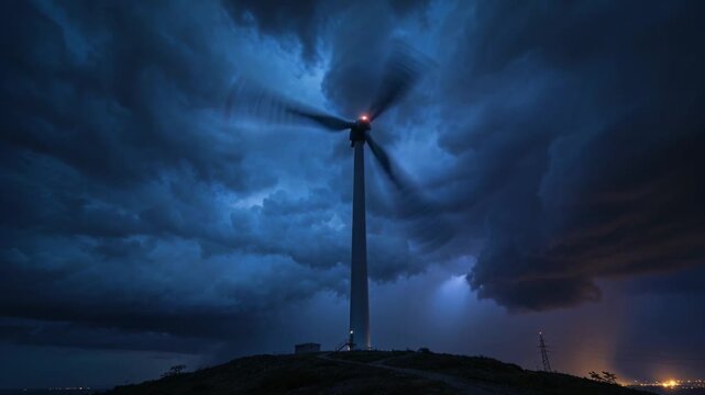 Spinning wind turbine battling storm winds on ridge at night, lightning revealing red light tower