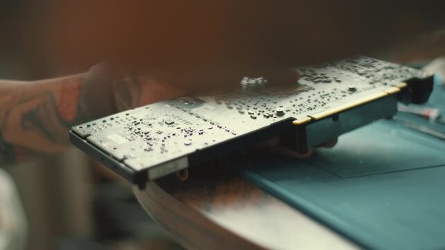 Tattooed technician repairing computer graphics card