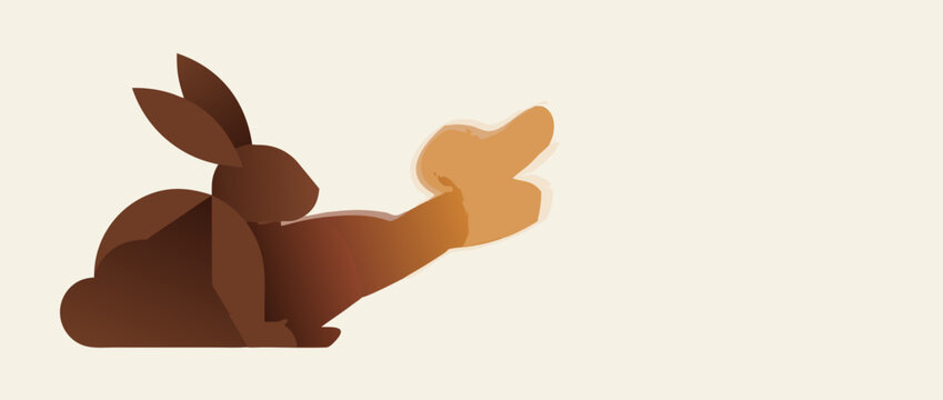 Minimalist panoramic vector banner illustration featuring a chocolate bunny silhouette with soft gradient shadows on a clean background, ideal for Easter promotions and seasonal greeting card design.