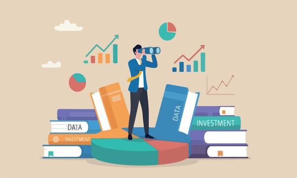 Marketing , books financial forecast or stock market diagram, research data or investment planning concept, businessman on pie chart looking thorough binoculars