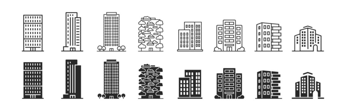 Building and architecture icon set with city skyline property and urban outline collection