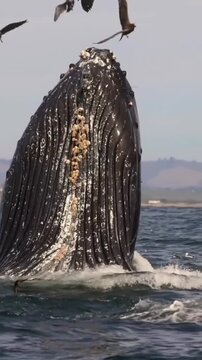 Humpback Whale (Megaptera novaeangliae) lunge feeding with barnacles on chin surrounded by seagulls