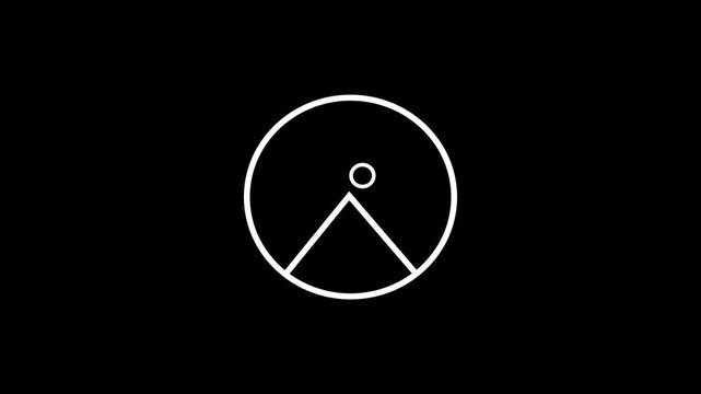 Minimalist flat design logo of a black and white graphic icon featuring a triangle pointing upwards inside a circle template. motion videos