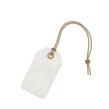 Blank white tag with twine string attached against a pure white background isolated object for labeling