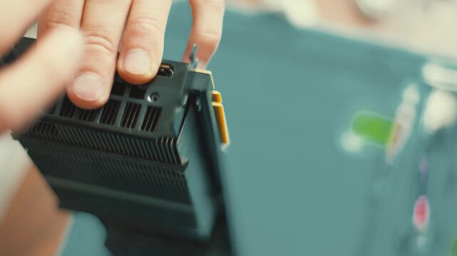 Technician repairing computer video card heatsink