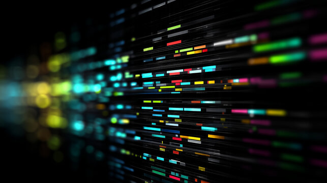 Abstract colorful source code interface on black digital screen, software engineering and cybersecurity background, programming data, AI algorithms, developer workflow, digital tra