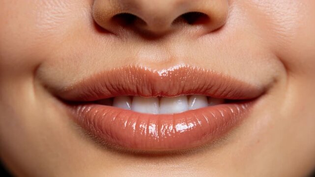 Camera starting, mouth shifting wide to softer smile in studio to show glossy lips, teeth, dimples