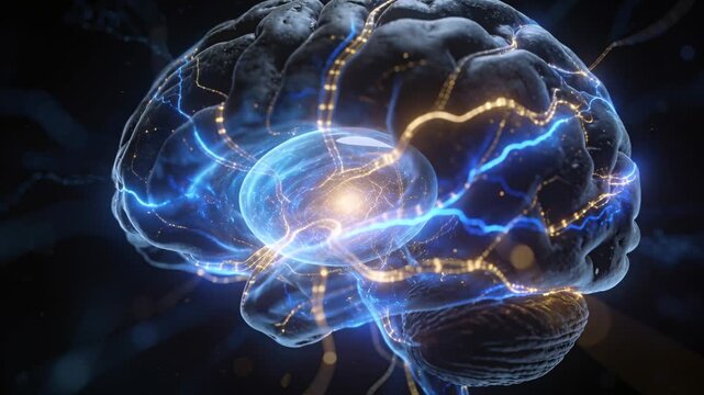 Pulsing brain showing central glow activating in void, blue conduits, gold nodes, brainstem, bokeh