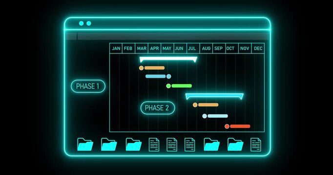 Person using a laptop to manage project phases and tasks on a digital Gantt chart, representing effective project planning and motion graphics of digital chart concept