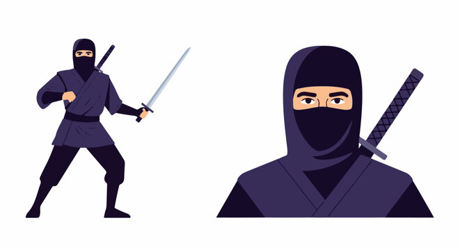 A ninja in full gear with a sword and a ninja head with a sword
