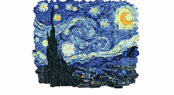 Swirling night sky with stars and crescent moon over village