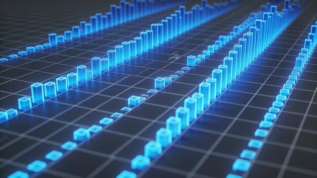 Tracking camera diagonally revealing three-row neon-blue columns, showing histogram on dark grid