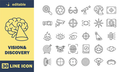 Fototapeta premium Vision & Discovery Editable Stroke Line Icon Set – Exploration, Observation, Insight, Search and Research Vector Icons Collection