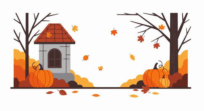 A cartoonish illustration of a small gray house with a red tiled roof, surrounded by autumnal elements like pumpkins, fallen leaves, and bare trees