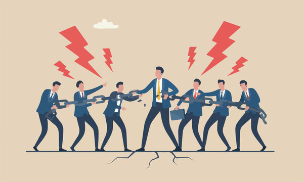 Business, in teams fatigue businessman trying to hold broken chain together with his low energy