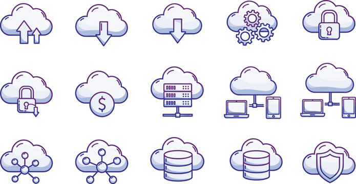 Cloud computing, cloud storage, secure cloud hosting, database server, network connection, online security, vector illustration