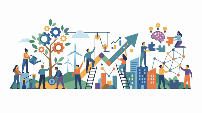 Colorful flat illustration of people contributing to a growing city with green tree