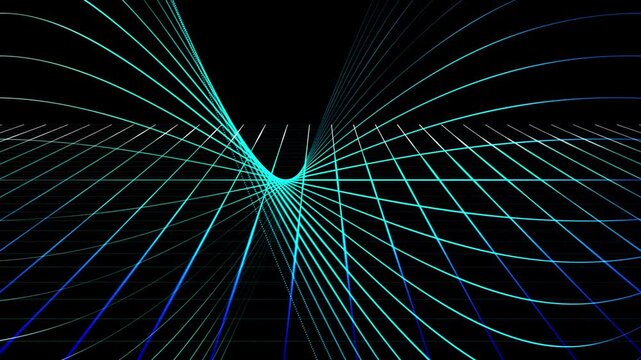 Abstract 3D Spacetime Grid: Representing a black hole singularity in cosmic space with neon blue glowing wireframe mesh lines. 4k motion 
