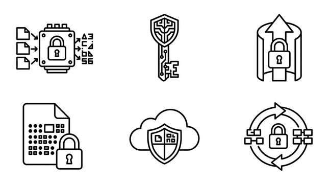 A triad of key lock mechanisms interconnected by paper, cloud, and recycling arrows