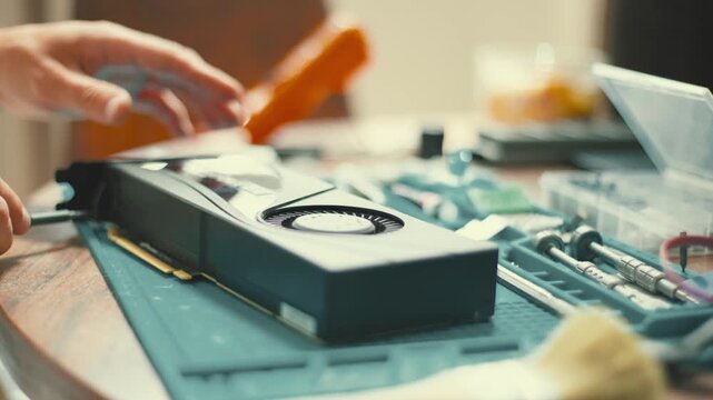 Technician assembling and repairing a computer graphics card