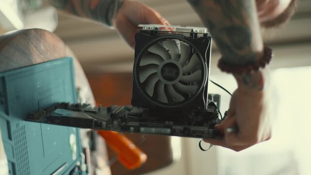 Tattooed technician cleaning a dusty motherboard