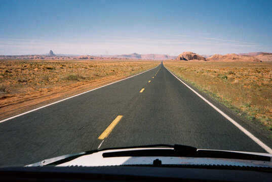 Road trip car perspective on trip film Arizona