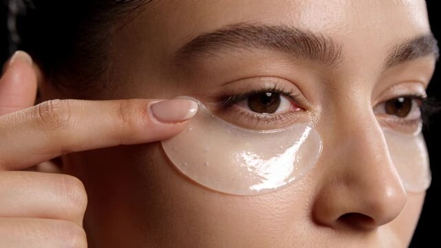 Model smoothing right-eye area after finger tap, pressing hydrogel patch inward to adhere in studio
