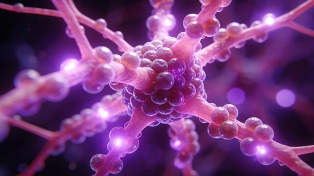 Pulsing central soma on pulses in microscale sending violet pings along beaded branches to amplify