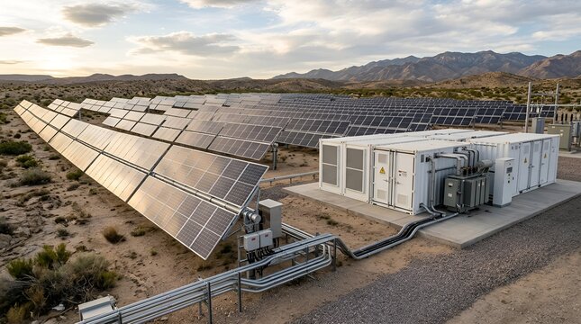 Solar Power Station with Battery Storage in Desert Landscape
