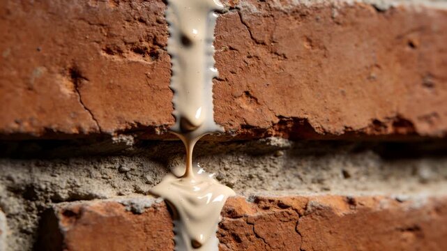 Dripping beige viscous stream descending along brick mortar seam, forming pooling blob from gravity