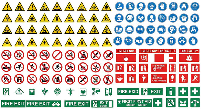 Set of various international warning safety and emergency information signs with emergency information prohibition regulatory mandatory collection compliance industry workplace standard
