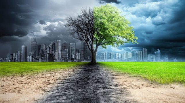 A Divided Landscape: A Lush Tree Thrives in Nature Amidst a Polluted Cityscape