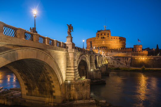 Castel Sant'Angelo and Ponte Sant'Angelo at night, Rome, Italy