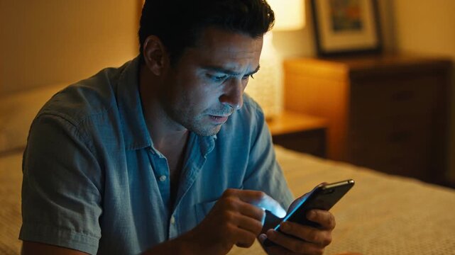 Holding smartphone, man tapping swiping on bed, lamp glow, wearing light blue shirt, concentrating
