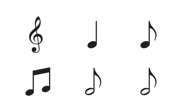 Music notes and treble clef symbols, single notes, eighth note, quarter note.