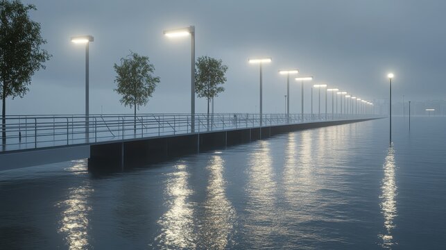 A modern coastal walkway with streetlights reflecting on wet pavement alongside calm ocean waters on an overcast day