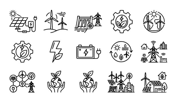 Energy and Electricity White Icons on Black Background Power Symbol Vector Set