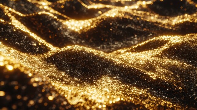 Abstract flowing gold glitter texture with bright light and detailed patterns