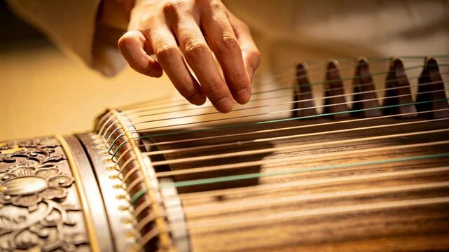 Plucking right hand in beige sleeve moving across zither strings in practice, casting nail shadow