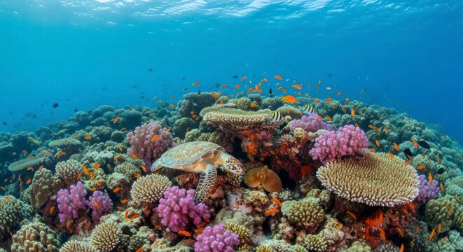 A Rare Underwater Encounter: Sea Turtle and Octopus on a Vibrant Coral Reef